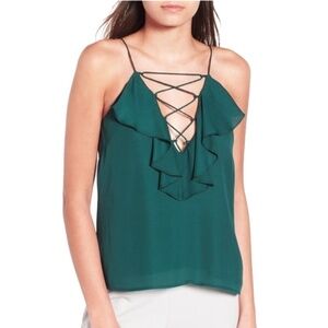 WAYF Laced Front Strappy Blouse Top Tank Cami Falling Ruffles Plunge Neck NWOT